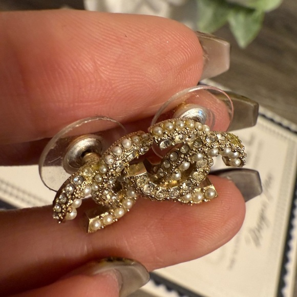 CHANEL Small Gold CC Crystal Faux Pearl Stud Earrings - Picture 7 of 10